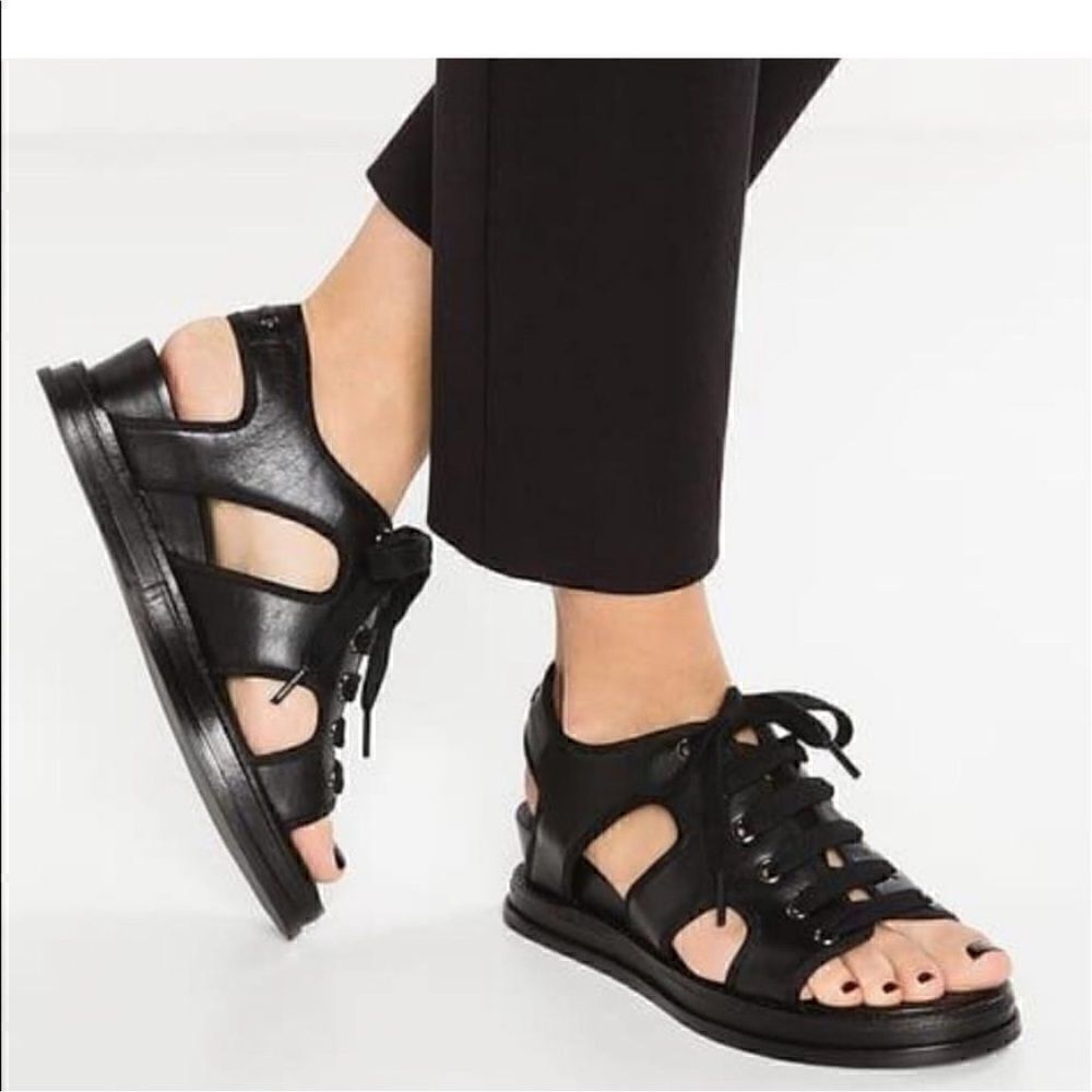 Opening Ceremony Idha Lace Up Leather Wedge Sandal Black 37